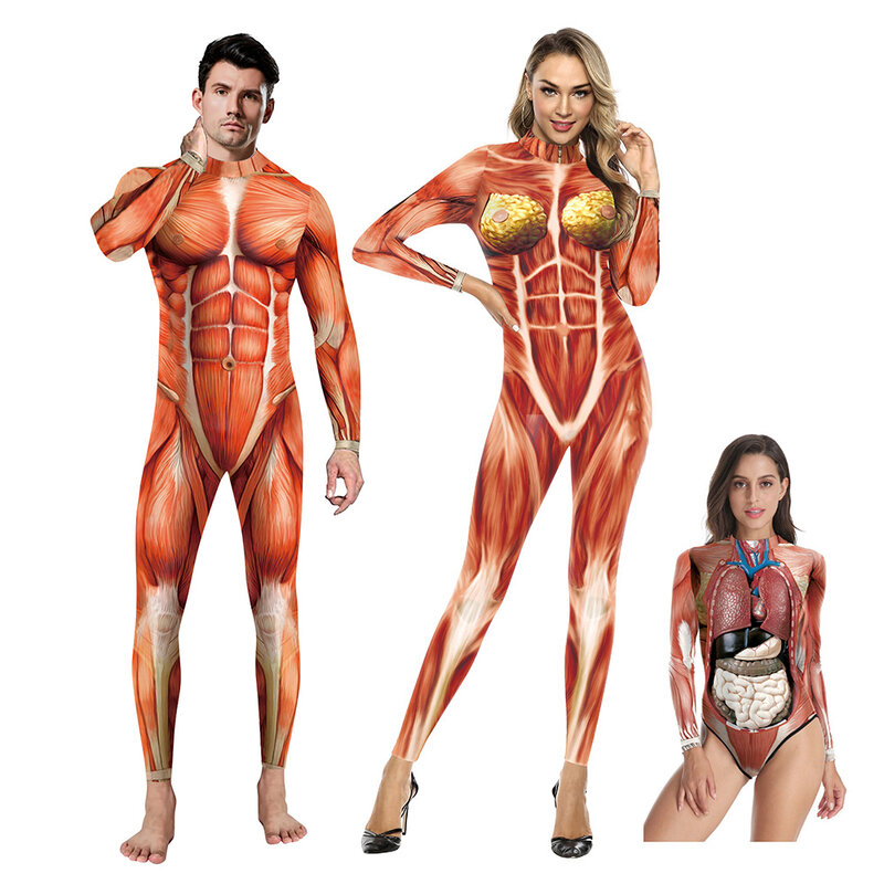 Halloween 3D Jumpsuit Cetak Otot Pesta Bodysuit Tubuh Anatomi Manusia Elastis Kostum Cosplay Catsuit