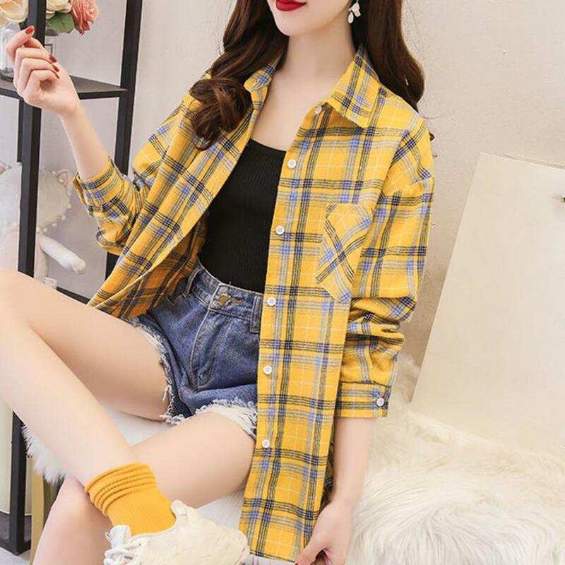 Turn Down Collar Long Sleeve Single-breasted Patch Pocket Loose Shirt Classic Plaid Print Casual Shirt Blouse Female Clothing