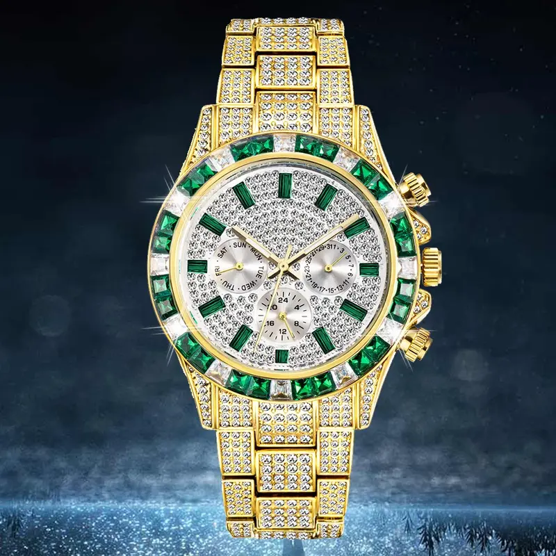 Chronographe plaqué or 18K pour hommes, montre-bracelet Hip Hop à Quartz glacé, entièrement en diamant, xfcs