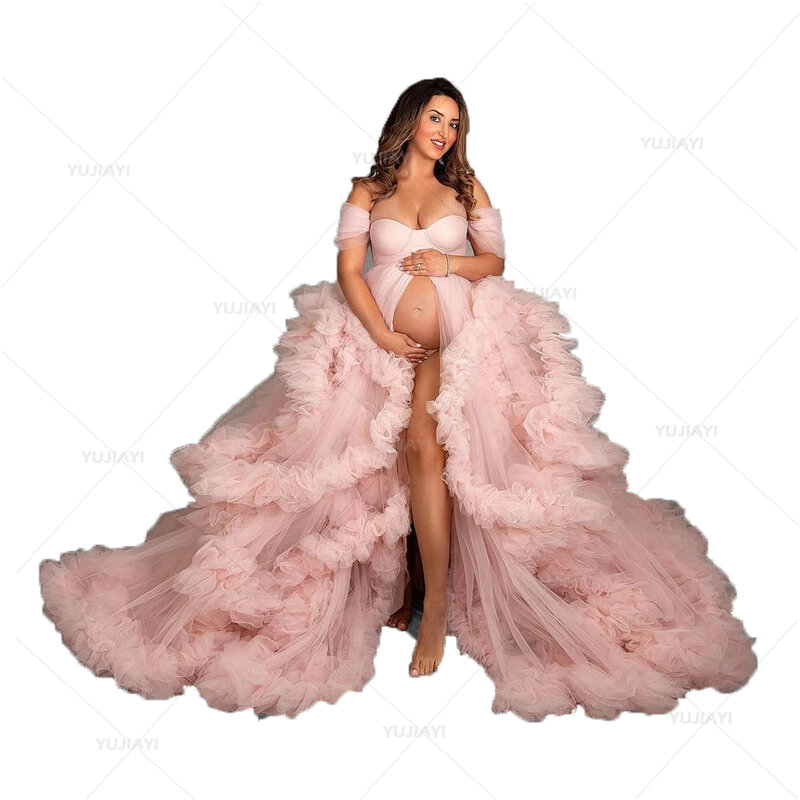 Gaun bersalin berkerut berjenjang untuk pemotretan bahu terbuka A Line jubah wanita hamil pakaian tidur pengantin mandi bayi belahan depan