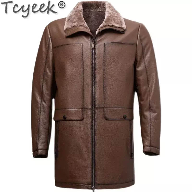 Tcyek 남성용 진짜 가죽 재킷, 두꺼운 따뜻한 울 재킷, 겨울 의류, 오버코트, 비즈니스 캐주얼 리얼 소가죽 코트