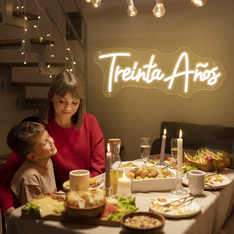 Treinta aenos 네온 LED 간판, 스페인어 생일 축하 네온 조명, USB 홈 파티 아트 벽 룸 생일 장식 간판