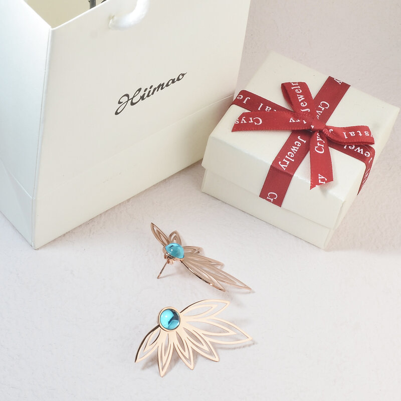 HIIMAO Sapphire Hollow Flower Earrings Stainless Steel Women's Jewelry Gift HME0008