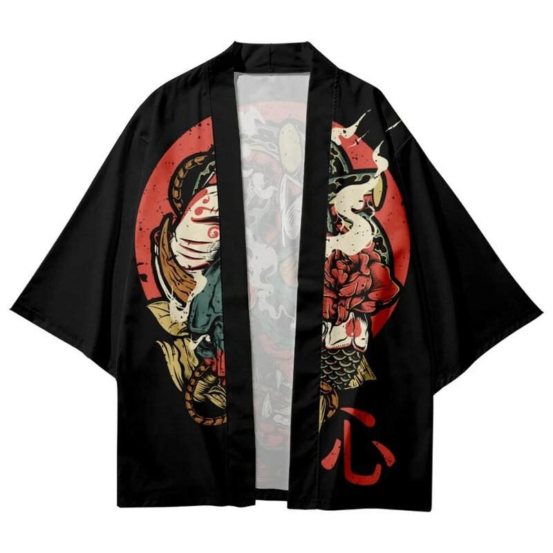 Pakaian Jalan Samurai Gambar Setan Hitam Cosplay Yukata Pria Kimono Haori Kardigan Longgar Wanita Asia Anime Jepang