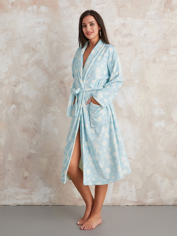Roupão de flanela quente feminino com cinto, pijama feminino, roupa de dormir, roupão manga longa, quimono, loungewear, estampa, inverno