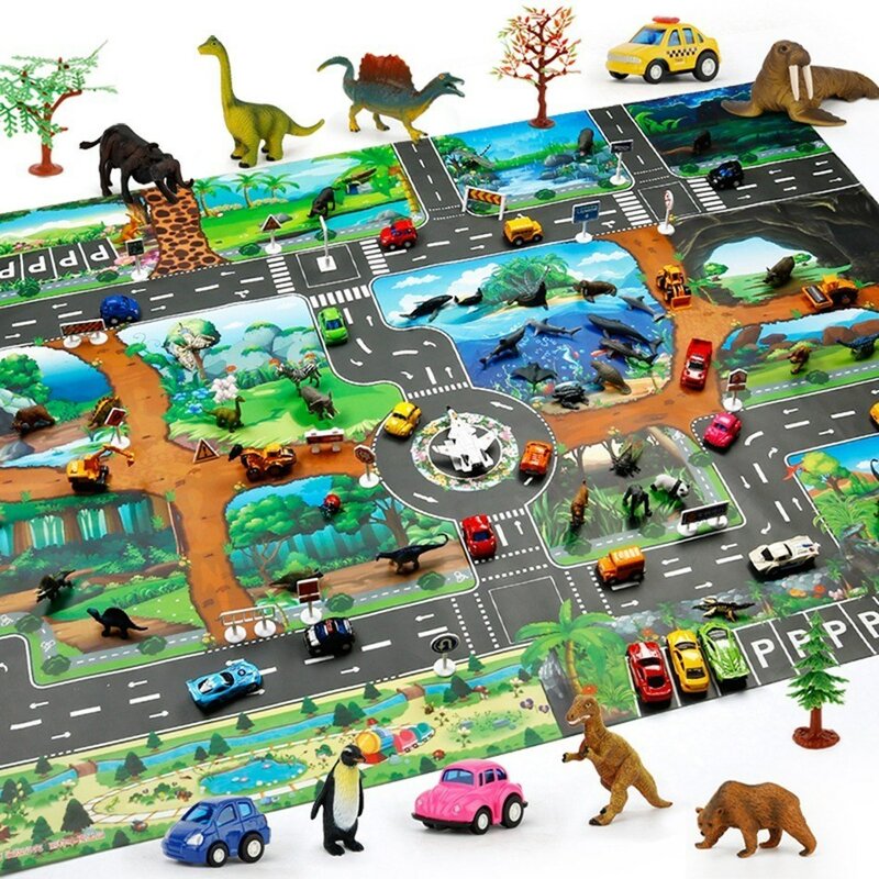 Tapete de actividades para niños, alfombra portátil con superficie de dinosaurios, impermeable, juguete de carretera, no tóxico