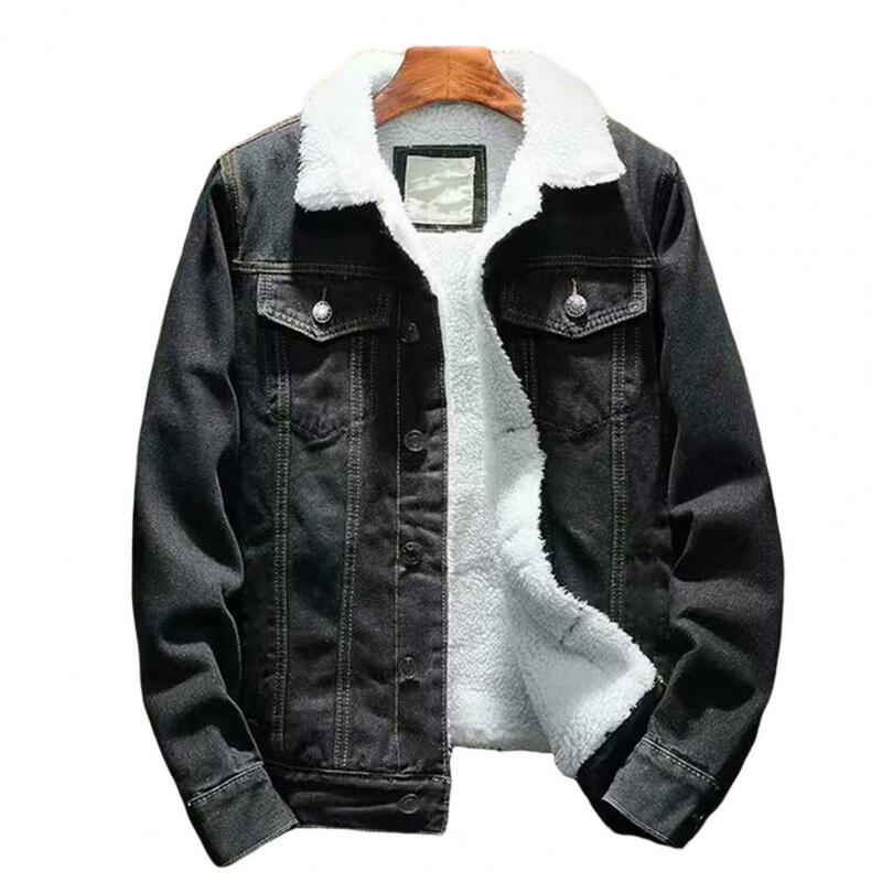 남성용 두꺼운 양고기 캐시미어 안감 진 재킷, 단색 방한 겉옷, 싱글 브레스트 데님 코트, 스트리트웨어, 겨울