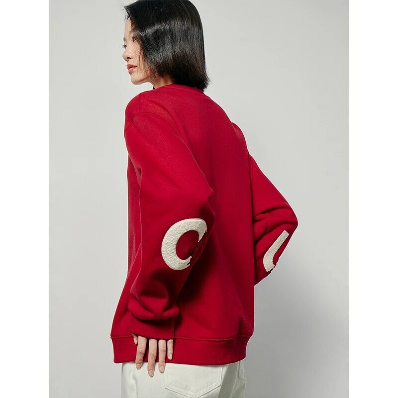 Toyouth-Camisola de lã feminina, manga comprida, gola O, capuz solto, bordado requintado, tops chiques casuais, roupas vermelhas, primavera, 2022