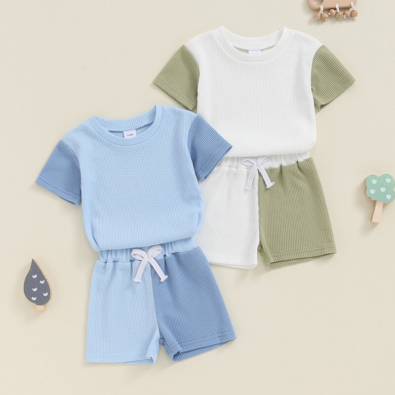 Suefunskry Baby Boys Summer Outfits Contrast Color Short Sleeves T-Shirt and Elastic Shorts Set for 2 Piece Vacation Clothes Set
