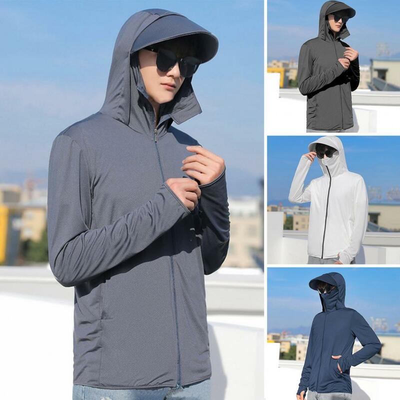 Camiseta de proteção solar de manga comprida masculina com capuz respirável fino, roupa de pesca ao ar livre, protetor solar de seda