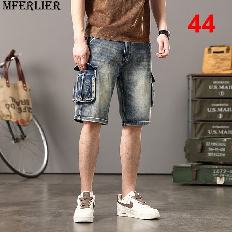 Shorts masculinos vintage denim cargo, jeans de verão, moda streetwear, calças curtas, plus size 44, tamanho grande