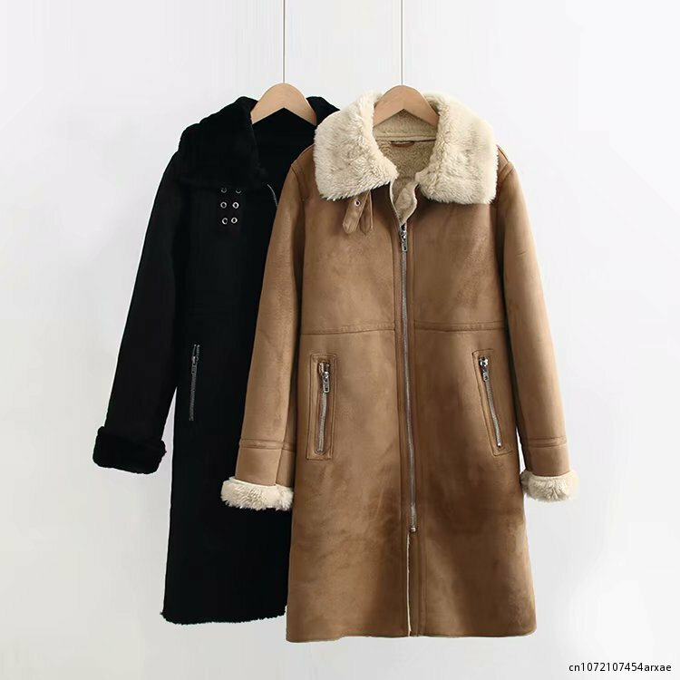 Winter Long Sheepskin Coat Womens Solid Casual Zipper Warm Faux Leather Jackets Ladies Casual Fur Collar Jakcets Black Khaki