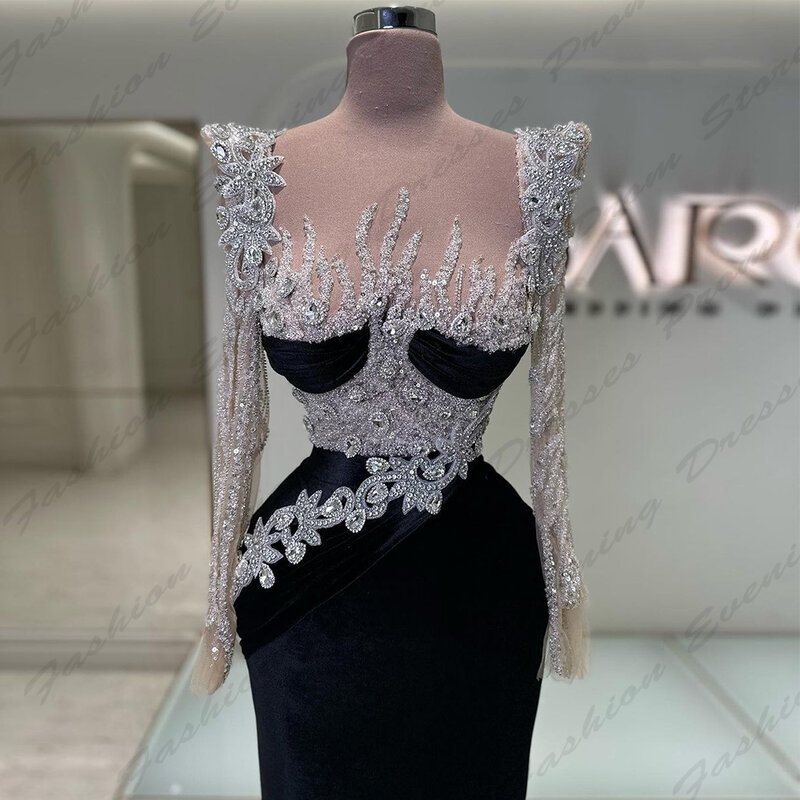 Gorgeous Black Women's Evening Dresses Fascinating Sparkling Beading Mermaid Simple Long Sleeves Slimming Mopping New Prom Gowns