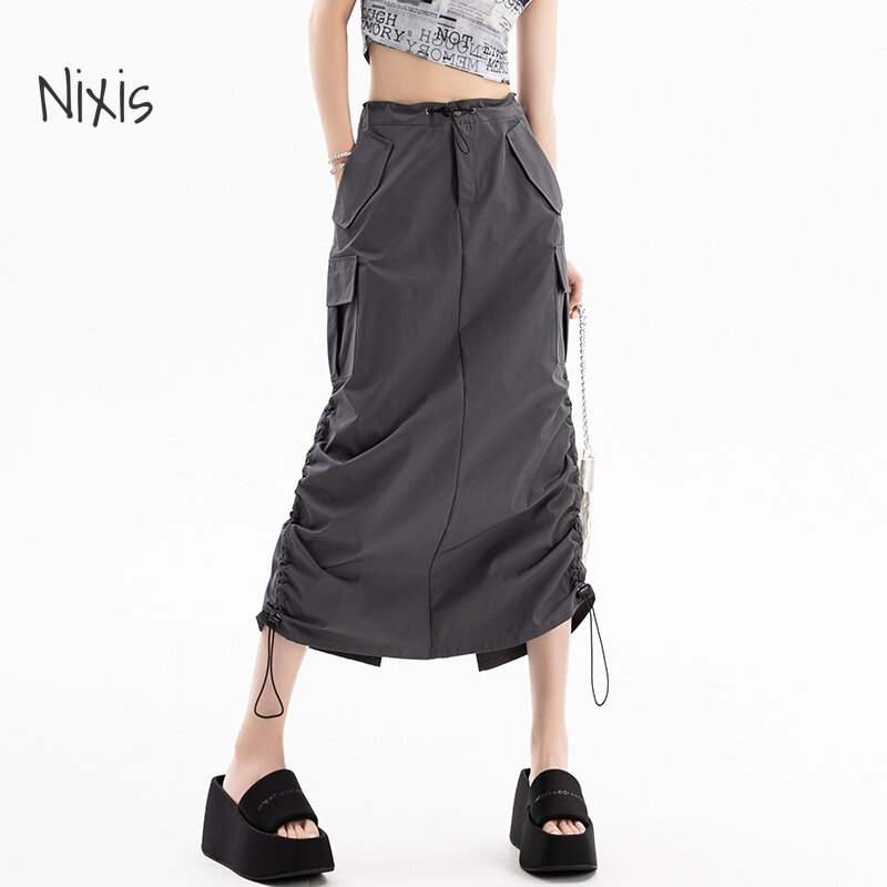 Saia retrô americana feminina com fenda, com cordão, cintura alta, comprimento médio, streetwear Y2K, roupas da moda, verão