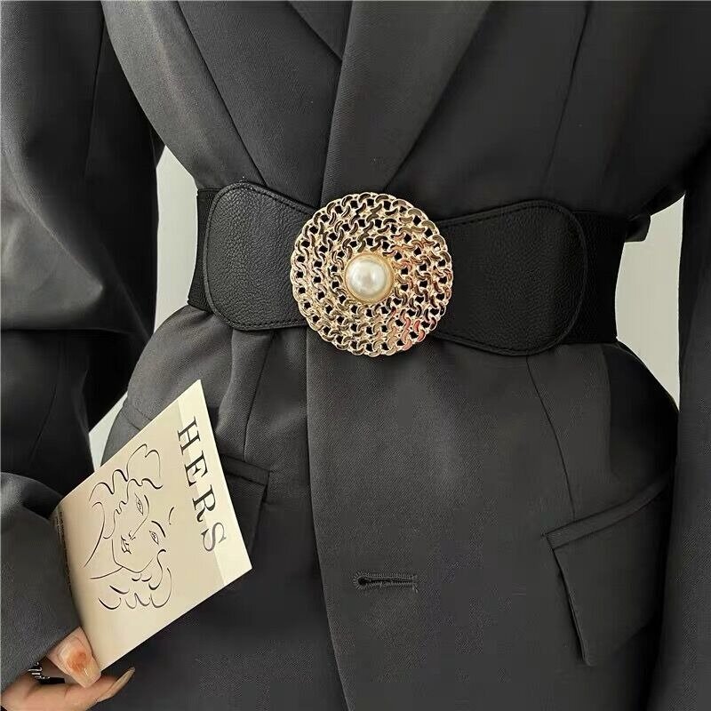ZLY 2024 New Fashion Waistband Women Elastic Adjustable Colorful Polyester Golden Alloy Metal Buckle Dress Coat Style Waist Band