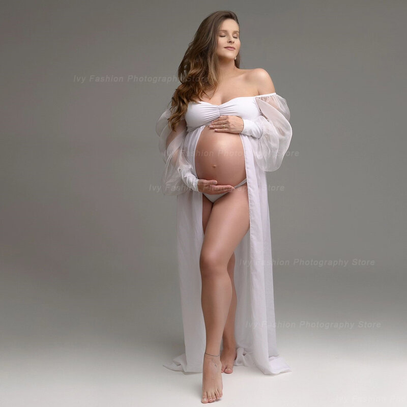 الأمومة التصوير الدعائم فستان مثير شفاف الأبيض chiffonتول قبالة الكتف فستان للصور تبادل لاطلاق النار النساء الحوامل