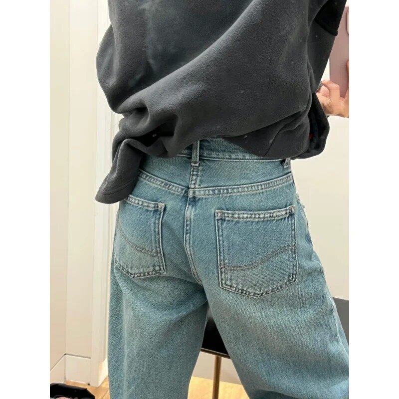 Calças jeans retas e largas clássicas femininas, jeans de cintura alta feminino, casual e streetwear básico, moda coreana