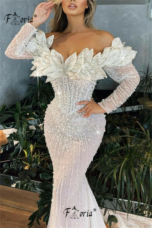 Elegant Dubai Pearls Mermaid Formal Evening Dresses Beads 3D Appliques Arabic Prom Dress Wedding Party Gowns 2023 Robe De Soiree