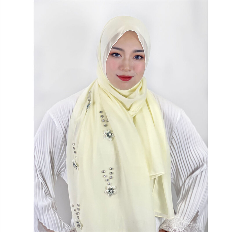Bubble Chiffon Muslim Women Hijab Turban Islamic Arab Flower Beads Long Scarf Shawl Headwrap Scarves Foulard Bandana Solid Color