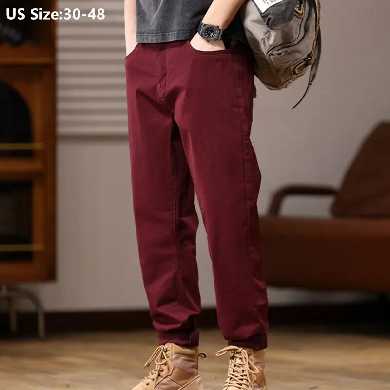 Cotton Trousers Mens Comfortable Stretched Loose Pencil Pants Plus Size 44 46 48 Male Khaki Wine Red Male Elastic Casual Outwear