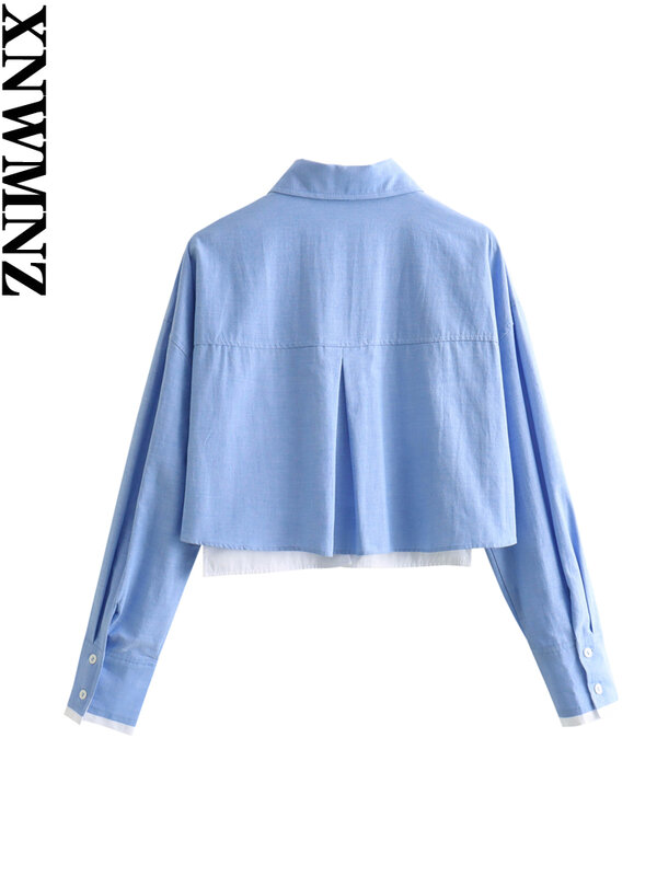 XNWMNZ 2024 Женская модная Укороченная рубашка из ткани Оксфорд женская уличная рубашка с отворотом и длинным рукавом карманом Женская шикарная рубашка