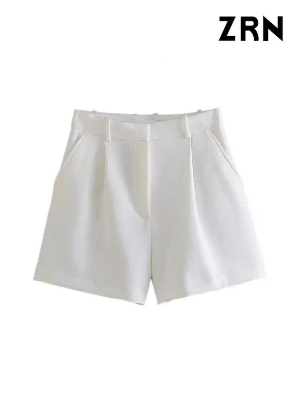ZRN Women Fashion Side Pockets Front Darts Bermuda Shorts Vintage High Waist Zipper Fly Female Short Pants Mujer