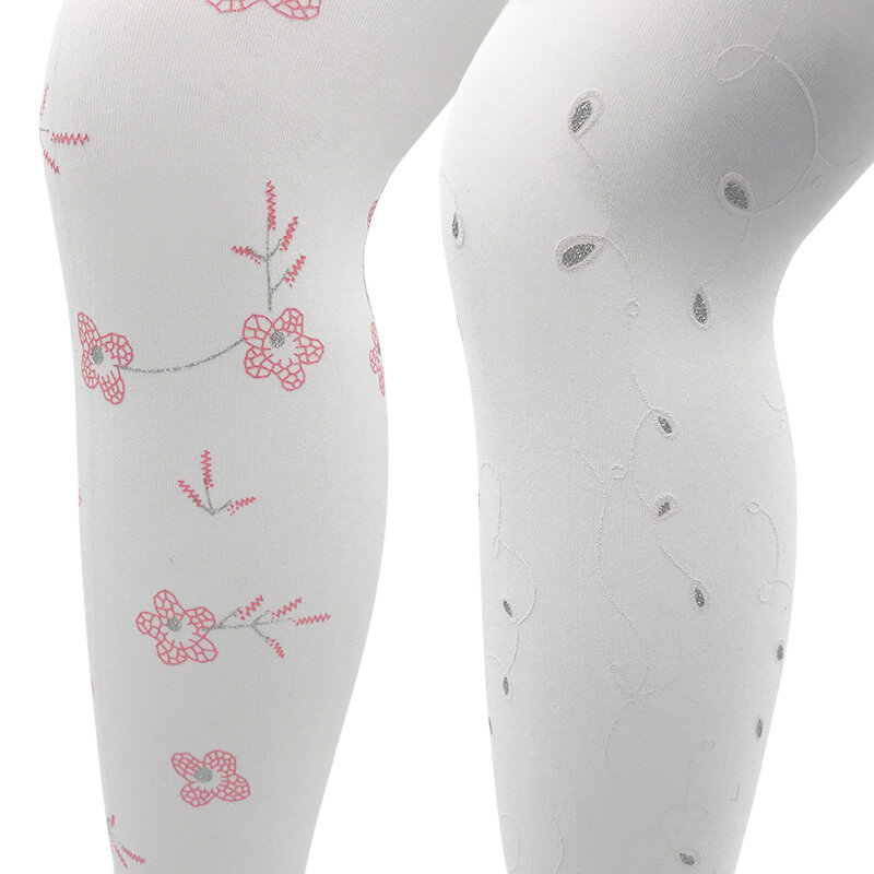 불투명한 흰색 나일론 프린트 꽃 나비 벨벳 신축성 타이츠, 어린이 웨딩 화이트 그래픽 타이츠, 용수철 가을 80D