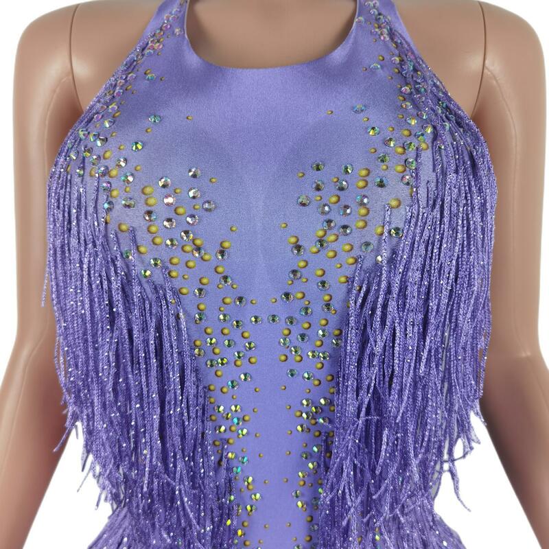 Nowy 2023 cekinowy frędzle fioletowy strój na rurze seksowny body z frędzlami Latin Dance kostium sceniczny do klubu na imprezę tancerki na występ Liusu