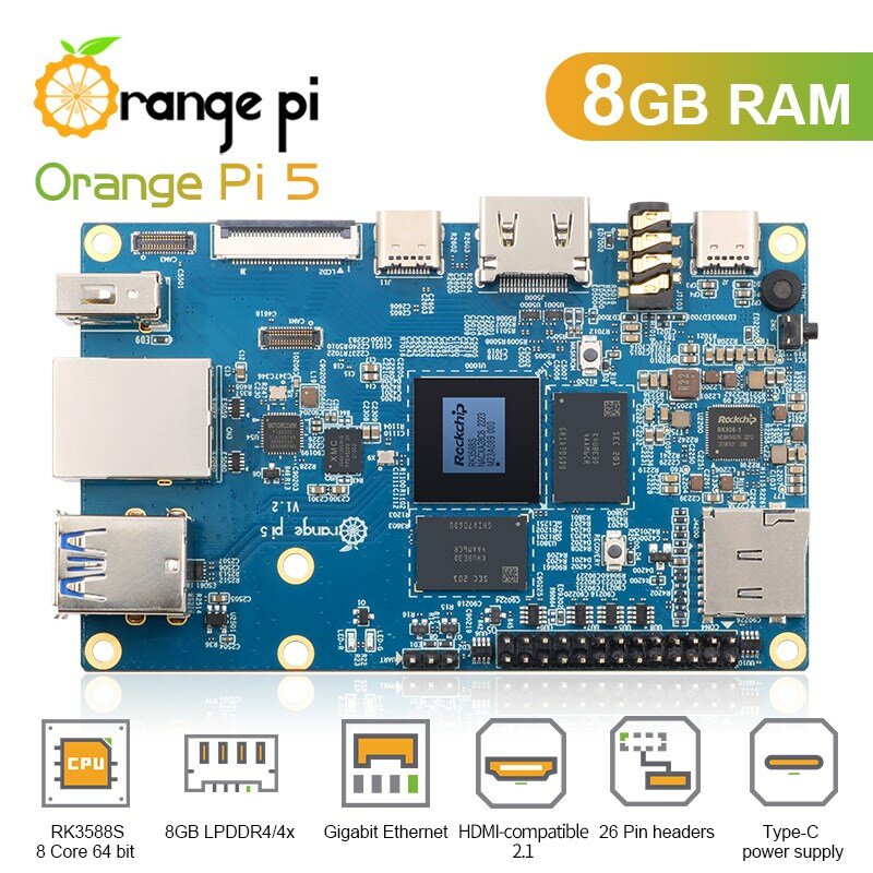 Laranja Pi-5 8GB RK3588S 8-Core 64-Bit Módulo PCIE, WiFi externo, BT, Gigabit Ethernet, fonte de alimentação opcional, dissipadores de acrílico