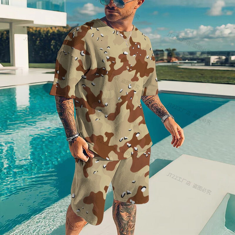 Letni męski modny zestaw w stylu plażowym t-shirty Casual ponadgabarytowy strój z krótkim rękawem + spodenki 2 szt. Oddychająca odzież sportowa Retro