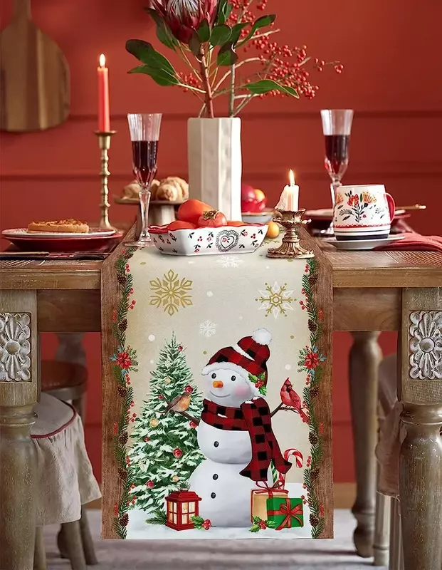 شجرة عيد الميلاد وثلج الكتان الجدول العدائين ، ديكور المطبخ الطعام ، مزرعة ، عيد الميلاد ، الشتاء ، ديكور الزفاف