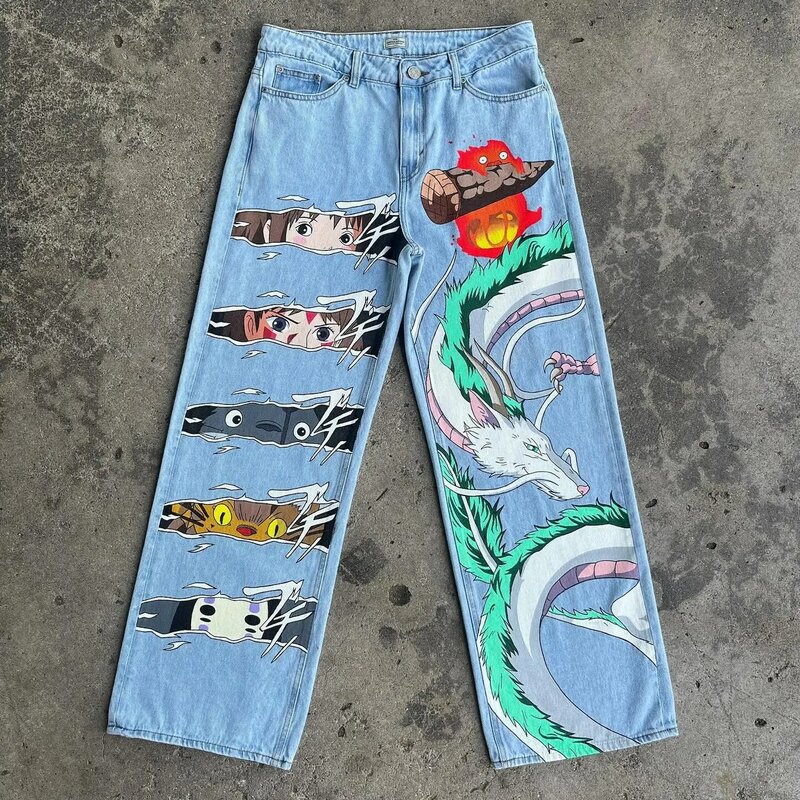 Japanese Anime Graphic Embroidered Baggy Jeans Streetwear Y2K Jeans Men Women High Waist Wide Trouser Harajuku Blue Pants