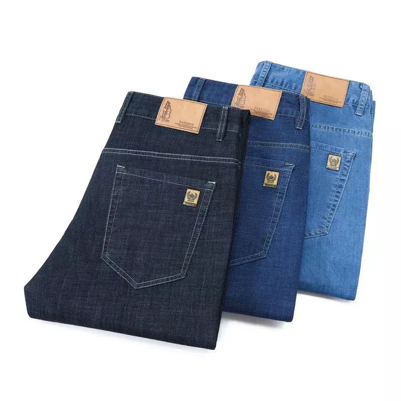 Calça jeans reta leve para homens, roupas clássicas de negócios, algodão fino, cintura alta elástica, primavera e verão, 2024