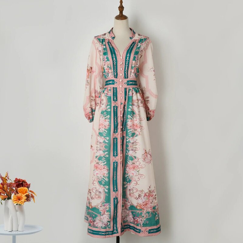 Robe longue vintage à manches longues pour femmes, imprimé patchwork, simple boutonnage, style vacances, printemps, été, nouveau, 2024