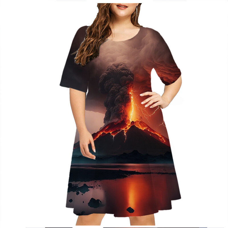 Gaun Wanita pemandangan alam, untuk musim panas 2023 mode baru 3D Patter cetak gaun longgar lengan pendek O-Neck kasual ukuran Plus