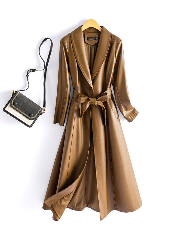 Gabardina larga de piel de oveja de lujo para mujer, chaqueta de cuero auténtico con bolsillos y cinturón de un solo pecho, prendas de vestir elegantes de estilo Vintage, 2024