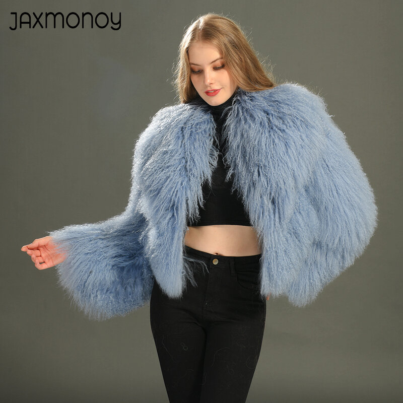 Jaxmonoy Mongolian Fur Coat Women Winter Warm Fluffy Fur Jacket  Ladies Fashion Solid Color Big Turn-Down Collar Short Coats New