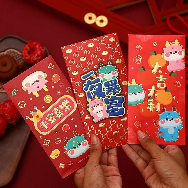 6 buah 2024 Tahun naga merah amplop kreatif indah Festival Musim Semi anak-anak hadiah tas uang keberuntungan paket merah