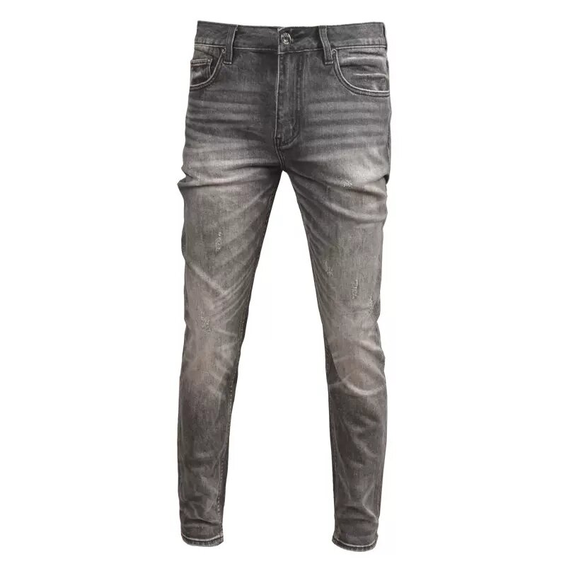 Włoski styl modne dżinsy męskie wysokiej jakości Retro szary elastyczny Slim Fit porwane jeansy męskie Vintage Designer spodnie dżinsowe Hombre