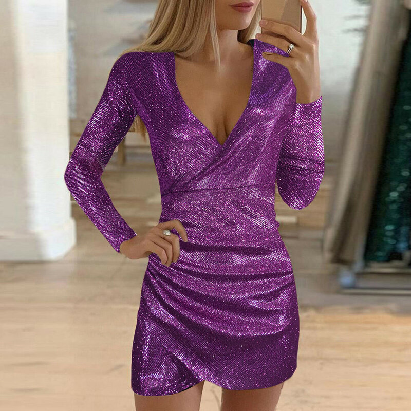 Fall Wedding Guest Dresses For Women Long Sleeve V Neck Cross Glitter Sparkly Sequin Mini Dresses Cocktail Party Evening Dress