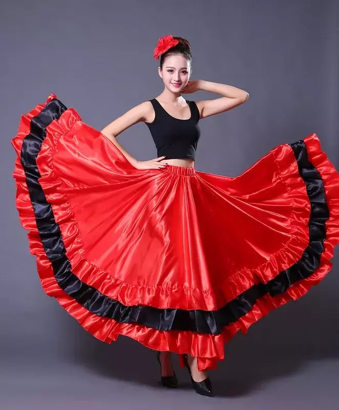 Woman New Spanish Bullfighting Skirt Belly Dance Adult Opening Square Oriental Dance Flamenco Dance Skirt 360 540 720 Degree