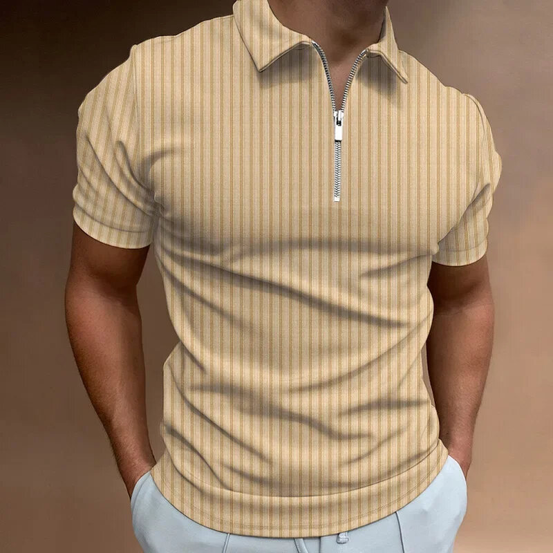 Kaus Polo ramping lengan pendek pria, atasan kasual mode, kaus Polo ramping lengan pendek ritsleting bergaris, musim panas, 2024