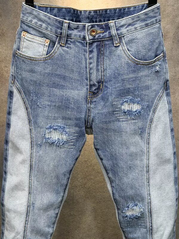 Джинсы мужские Стрейчевые в стиле ретро, модные дизайнерские Синие рваные джинсы с соединением, Стрейчевые брюки из денима в стиле хип-хоп, с дырками
