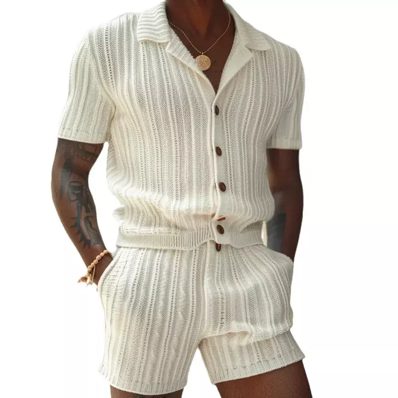 Men's Sets Summer New Casual Vertical Stripe Suit Slim Lapel Short Sleeve Button Shirt Shorts Mens Wool Summer Clothes Wholesale