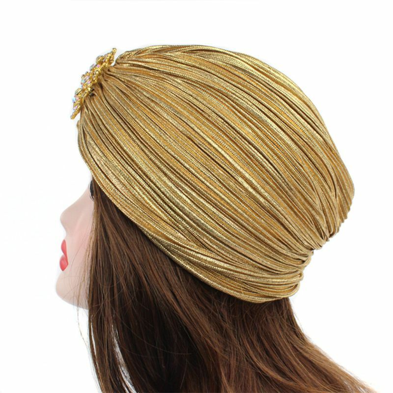 Chapéu turbante indiano feminino para envoltório cabeça plissado macio veludo cabelo hijab boné com broche joias