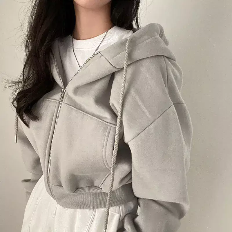 Women Korean Version Hoodies Female Vintage Solid Short Long Sleeve Loose Jacket Coats Harajuku Casual Zip Up Hooded Sweatshirts