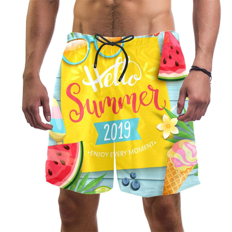Шорты мужские пляжные с принтом мороженого, модные забавные штаны в стиле Харадзюку, с тропическим принтом фруктов, Гавайские штаны для плавания