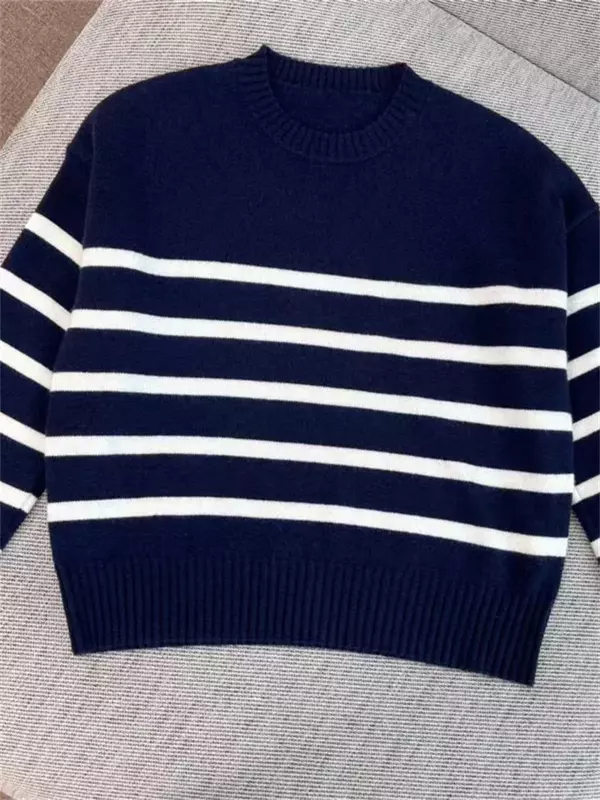 Suéter de manga larga con cuello redondo para mujer, Jersey informal con diseño de cadena de cuentas a rayas, contraste de colores, otoño e invierno, 2023