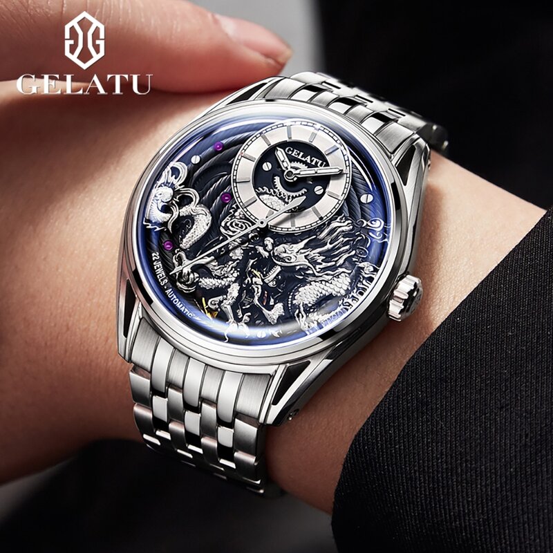 Gelatu-男性用の完全な自動機械式時計,時計のブレスレット,ドラゴンのデザイン,サファイアミラー,高級ブランド,6018