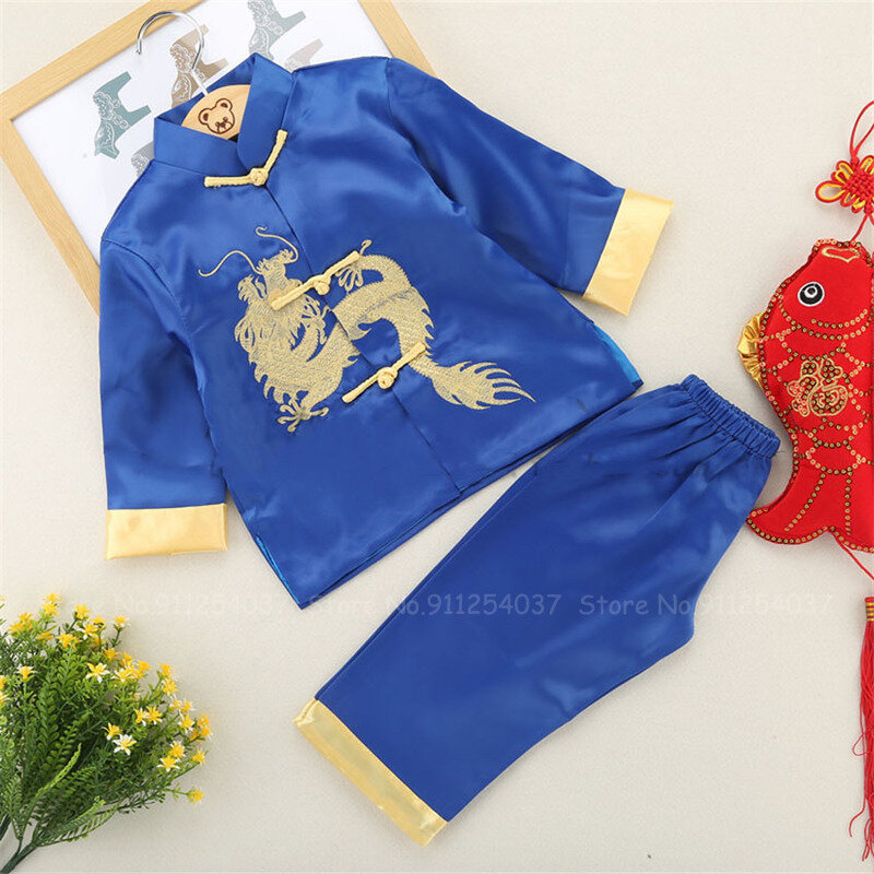 Kinder Traditionellen Chinesischen Stil Drachen Stickerei Tang Anzug Junge Mädchen Kinder Neue Jahr Party Outfits KungFu Orientalischen Kleidung Set